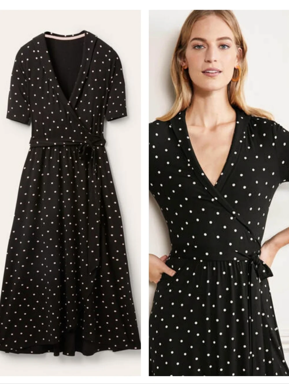 Boden Lavinia Jersey Wrap Midi Dress Black Polka Dot Size 10 - Picture 2 of 7